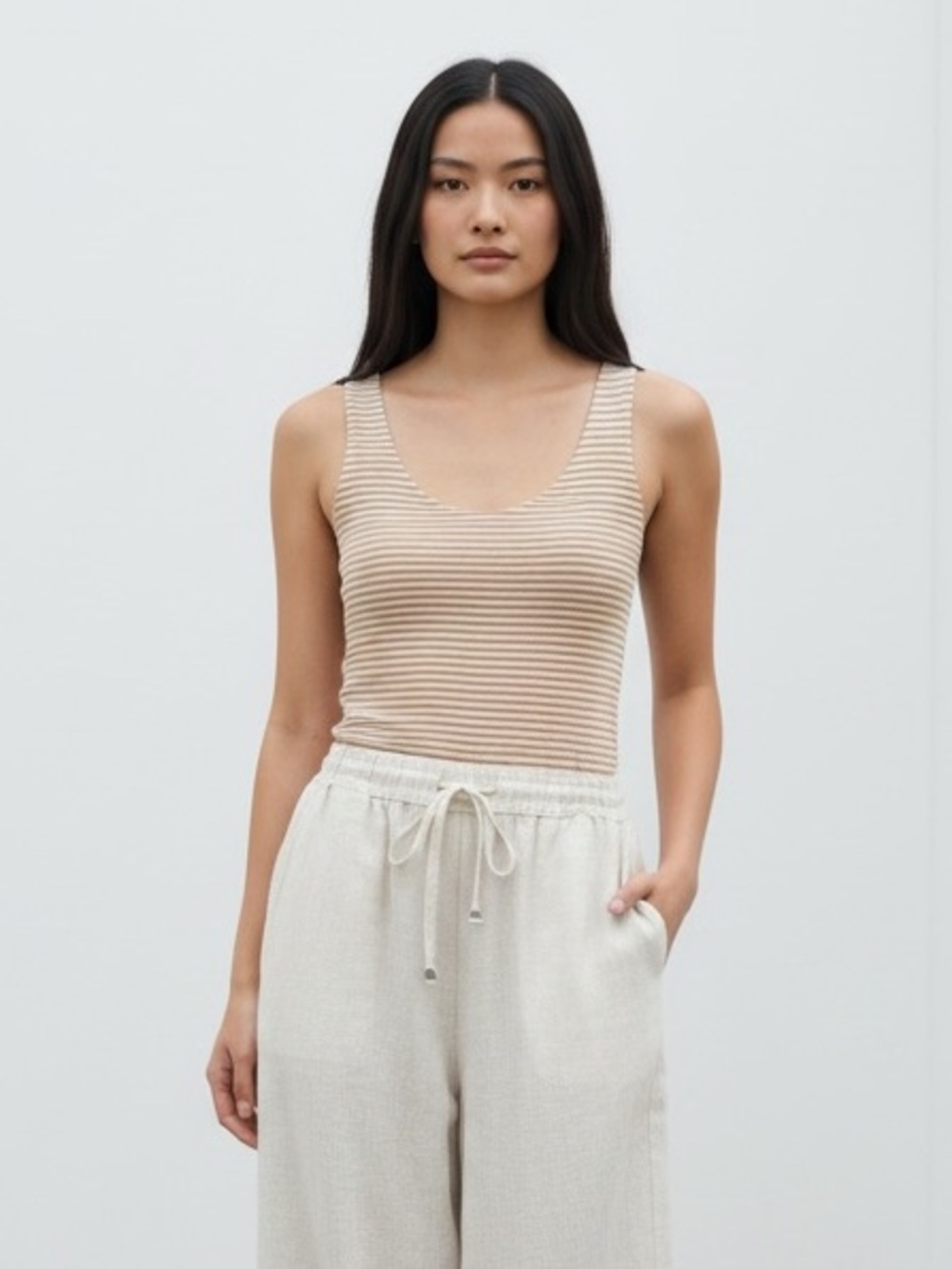 1402 • Tan & Cream Ultra Soft Striped Rayon Blend Double Layer Tank Top